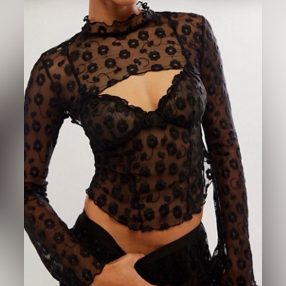 Black pointelle Floral Lace bolero sleeves